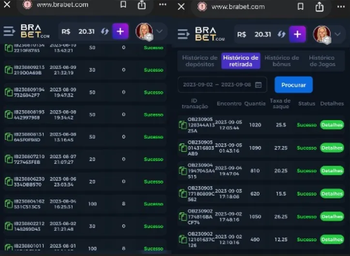 Registros de uma das bets que Chantele jogada