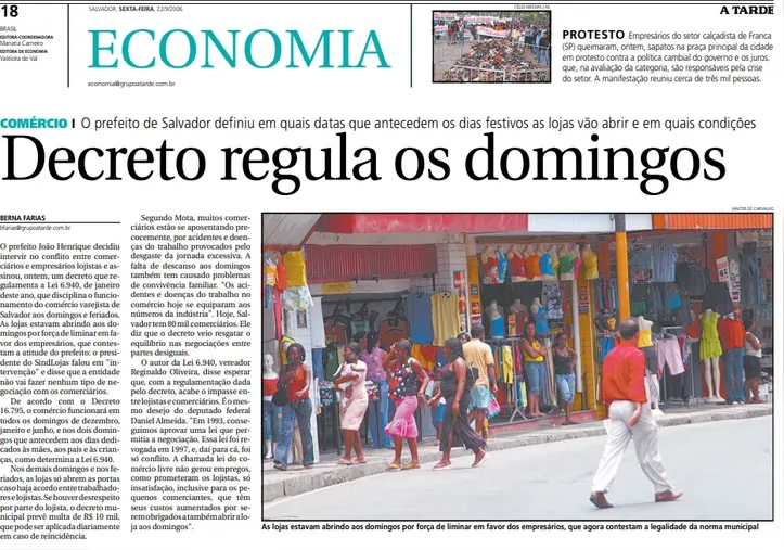Edição do Jornal A TARDE do dia 22 de setembro de 2006 destaca o decreto que regulamentou o funcionamento do comércio aos domingos