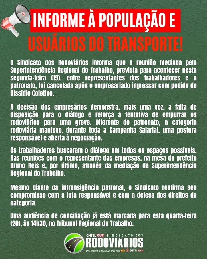 Imagem ilustrativa da imagem Reunião entre rodoviários e empresas de ônibus é cancelada em Salvador