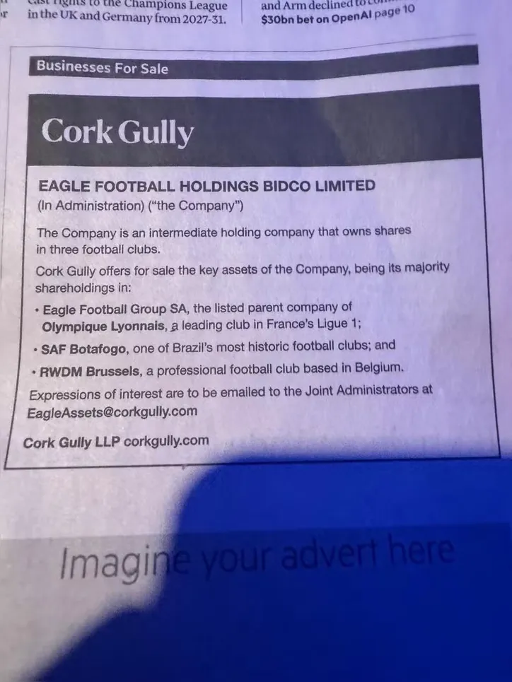 Imagem ilustrativa da imagem SAF de gigante da Série A é colocada à venda em anúncio de jornal