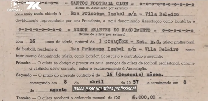 Imagem ilustrativa da imagem Santos celebra 69 anos do primeiro contrato de Pelé; confira o salário