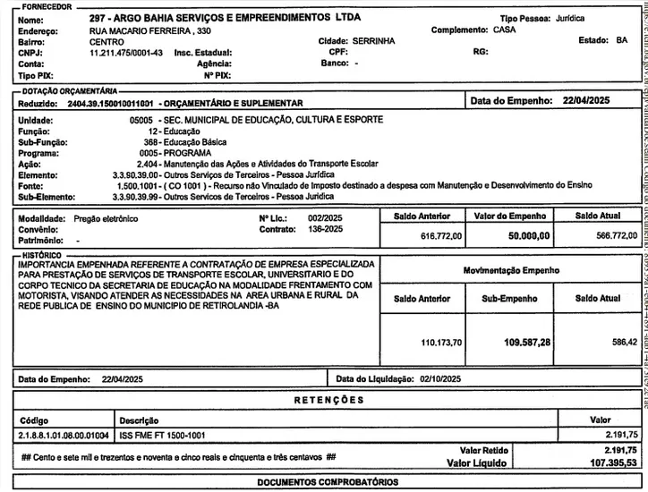 Contrato da Argo Bahia com a Prefeitura de Retirolândia