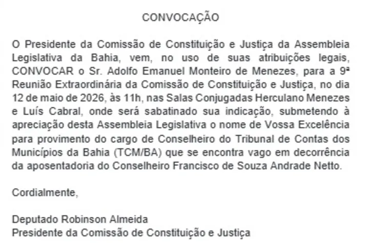 Convocação de Adolfo para sabatina na CCJ
