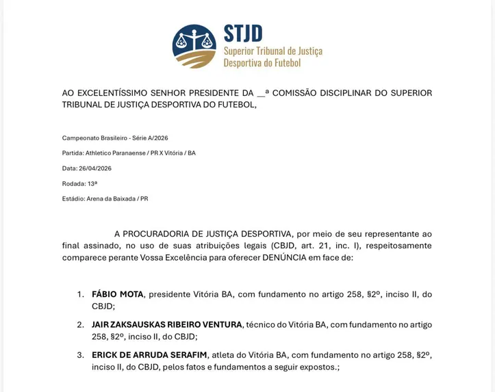 Imagem ilustrativa da imagem Trio do Vitória é denunciado no STJD e pode ser punido com suspensão