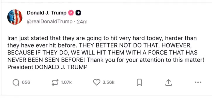 Donald Trump alerta Irã em post na Truth Social.