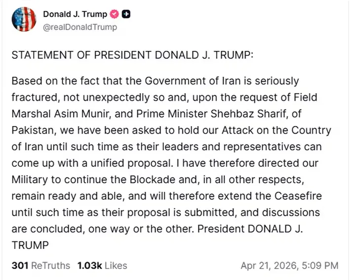 Imagem ilustrativa da imagem Trump estende trégua com Irã após pedido do Paquistão
