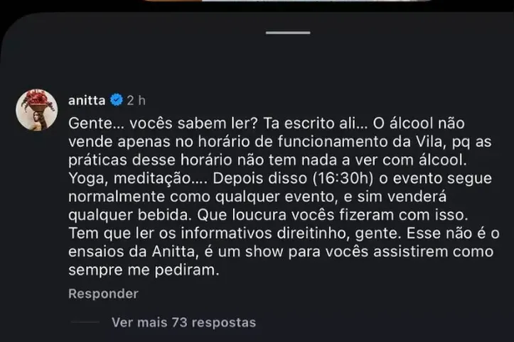 Anitta rebate críticas por restringir álcool em turnê