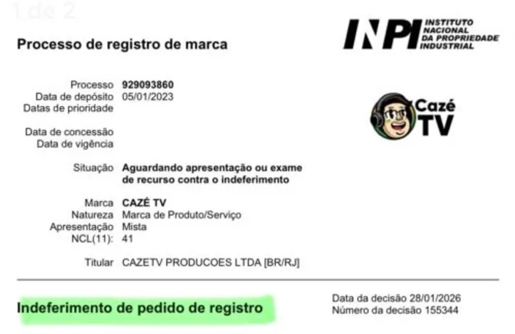 INPI negou o registro da marca CazéTV