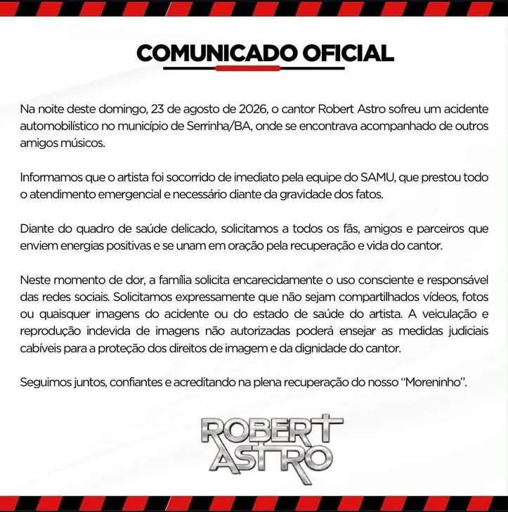 Nota da assessoria do cantor