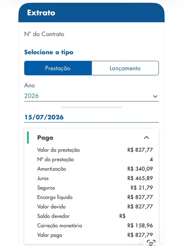 Exemplo de extrato de pagamento de prestação mensal de financiamento imobiliário