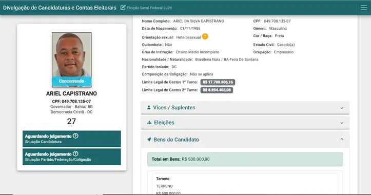 Registro da candidatuta de Ariel Capistrano ao governo da Bahia, no site do TSE