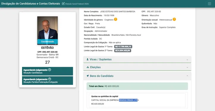 Registro da candidatuta de José Estevão ao governo da Bahia, no site do TSE
