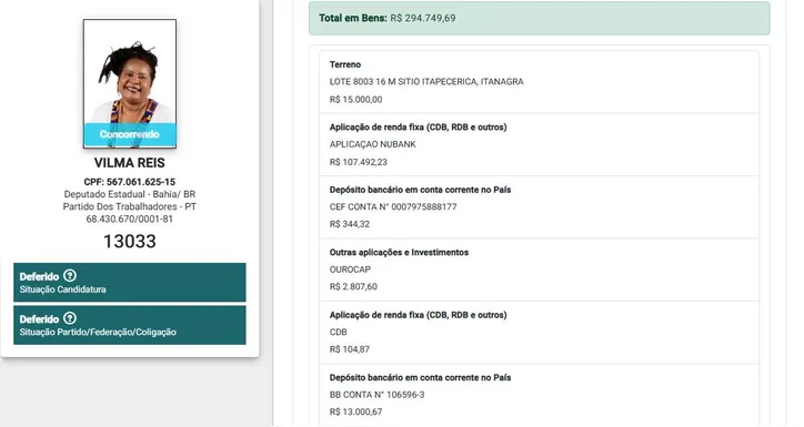 Bens declarados por Vilma Reis ao TSE