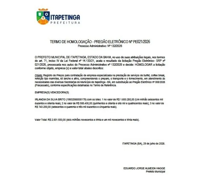 Imagem ilustrativa da imagem Empresa vence 3 lotes de licitação e levanta dúvidas em Itapetinga