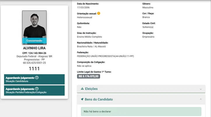 Perfil de Alvinho Lira na plataforma DivulgaCand, do TSE