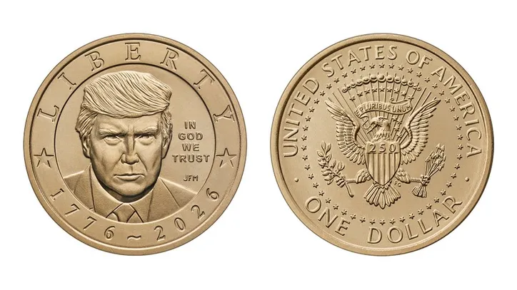 Moeda de US$ 1 com rosto de Donald Trump