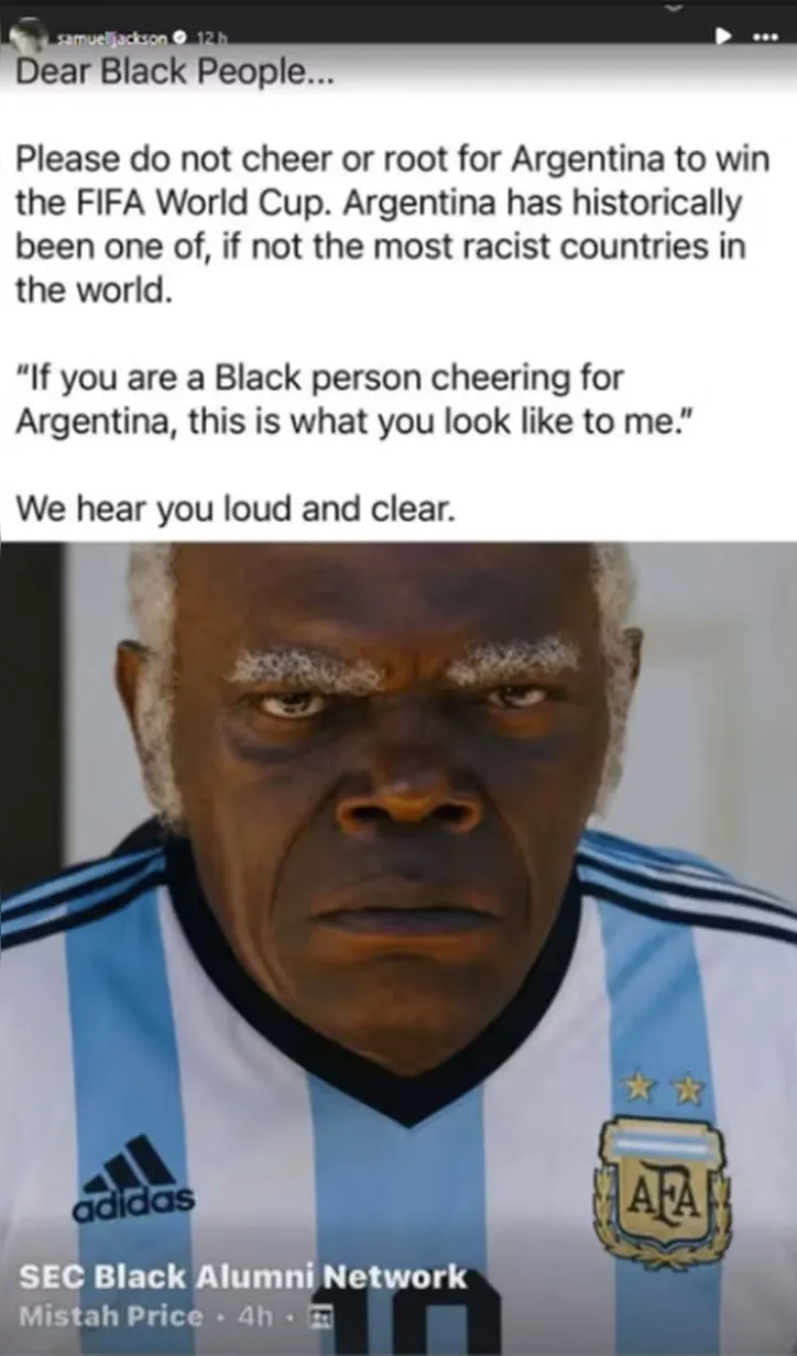 Publicação de Samuel L. Jackson nos stories do Instagram