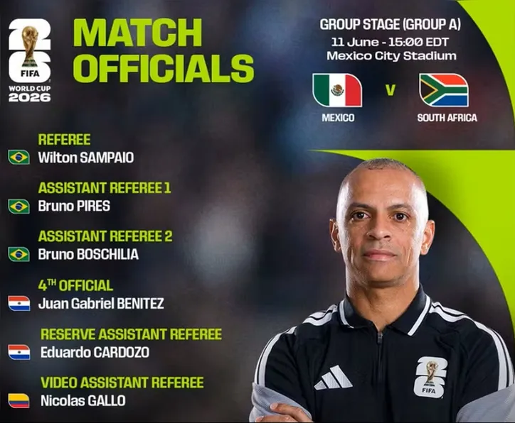 Informações de arbitragem para o jogo de estreia da Copa do Mundo, entre México e África do Sul