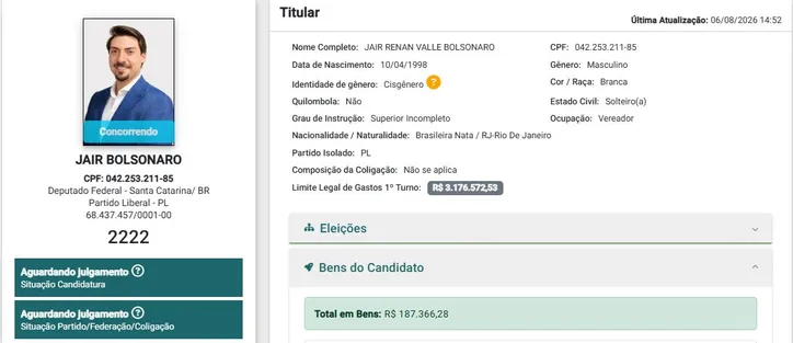Registro da candidatura de Jair Renan a deputado federal em 2026