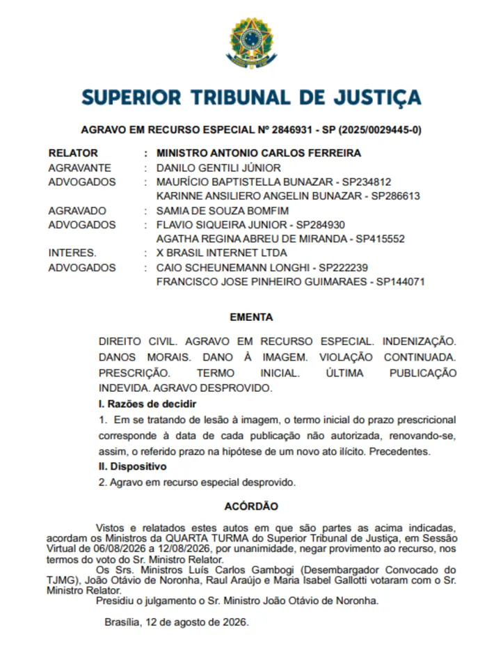 Imagem ilustrativa da imagem Gentili perde recurso no STJ e vai indenizar parlamentar em R$ 20 mil