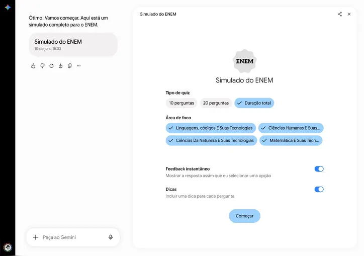 Aplicativo do Gemini exibe análise de desempenho de simulado do Enem