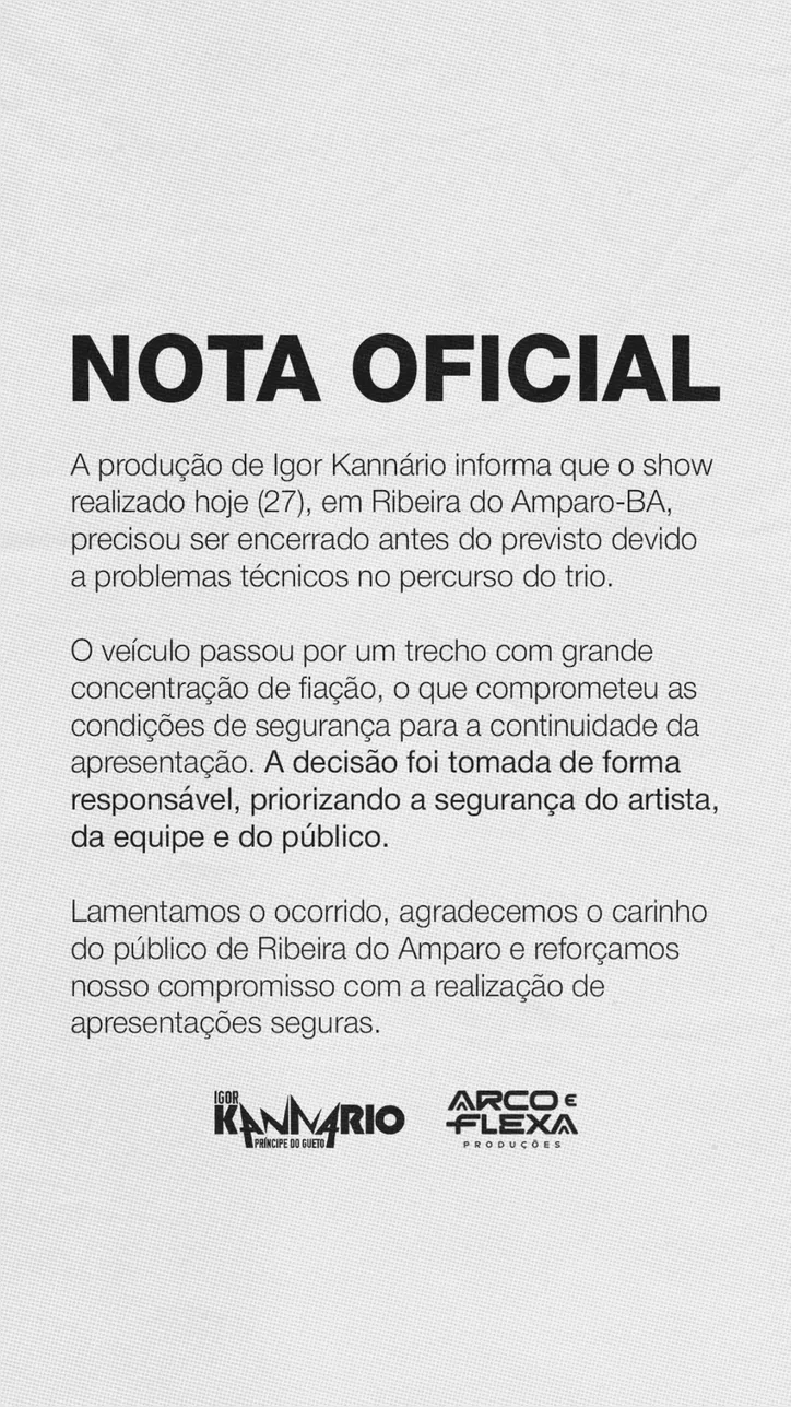 Posicionamento oficial da equipe do artista