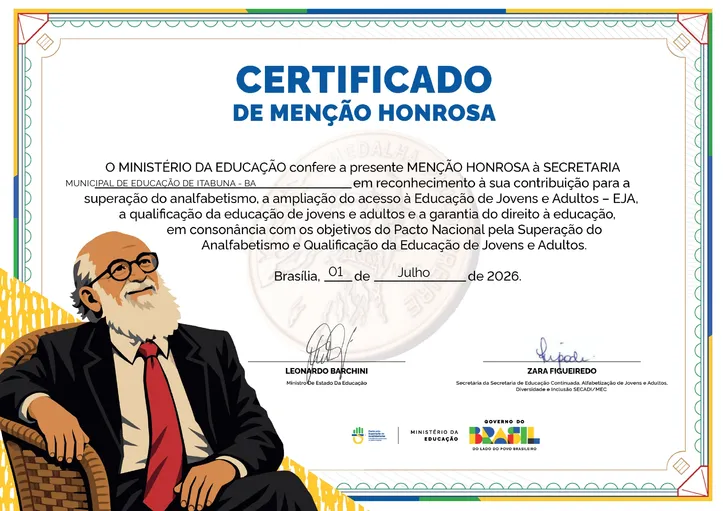 Itabuna conquista Menção Honrosa Paulo Freire do MEC