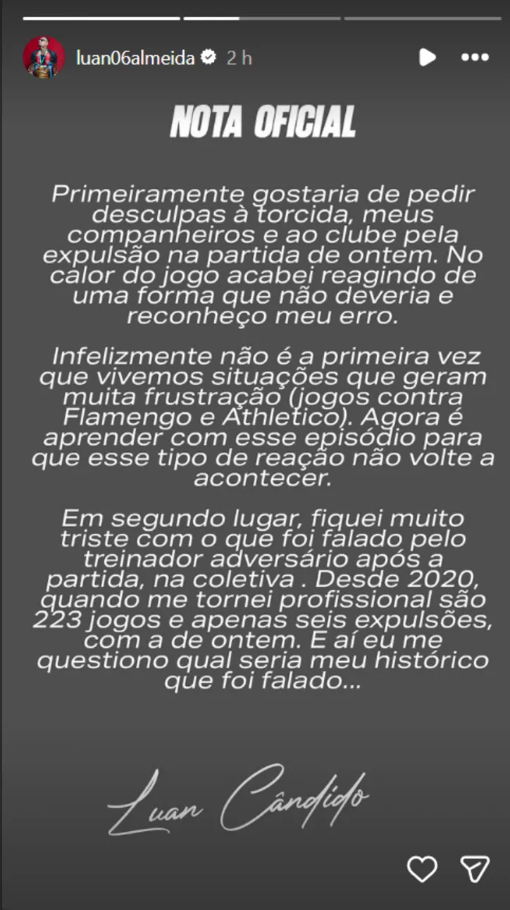 Imagem ilustrativa da imagem Luan Cândido manda recado para torcida do Vitória após expulsão