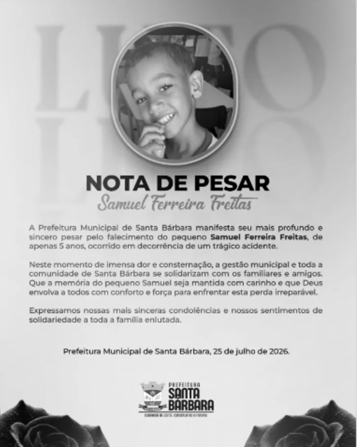 Prefeitura de Santa Bárbara lamentou a morte do garotinho