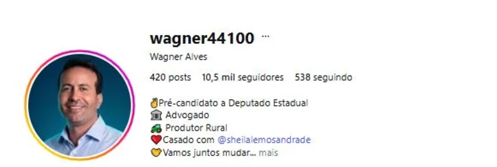 Perfil de Wagner Alves no Instagram traz número de campanha de candidato