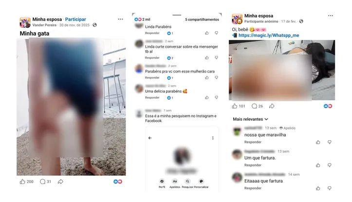Imagens de grupos nas redes sociais onde homens divulgam imagens das esposas