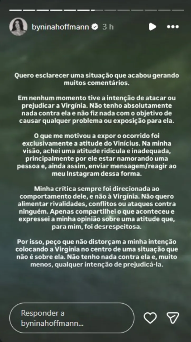 Declaração de Nina nas redes sociais