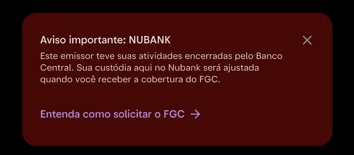 Aviso recebido por usuários do Nubank