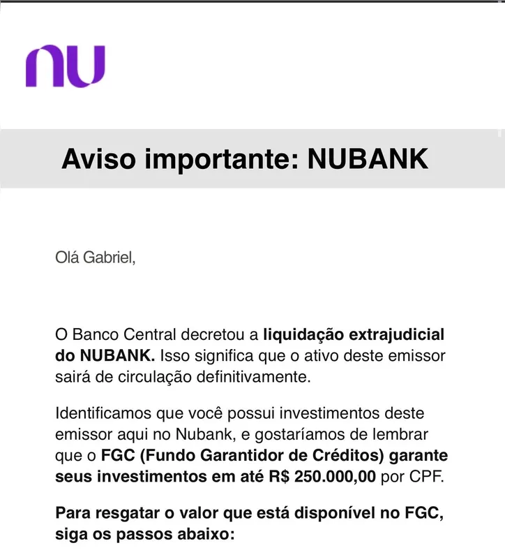Aviso recebido por usuários do Nubank