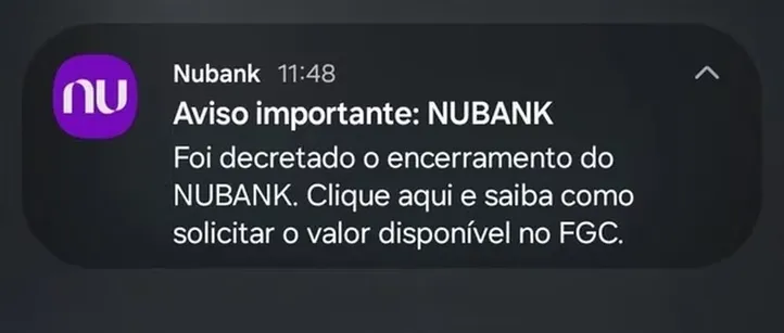 Aviso recebido por usuários do Nubank