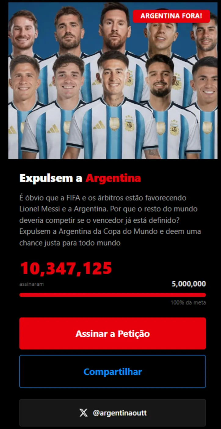 Imagem ilustrativa da imagem Petição para banir Argentina da Copa tem 10 milhões de assinantes