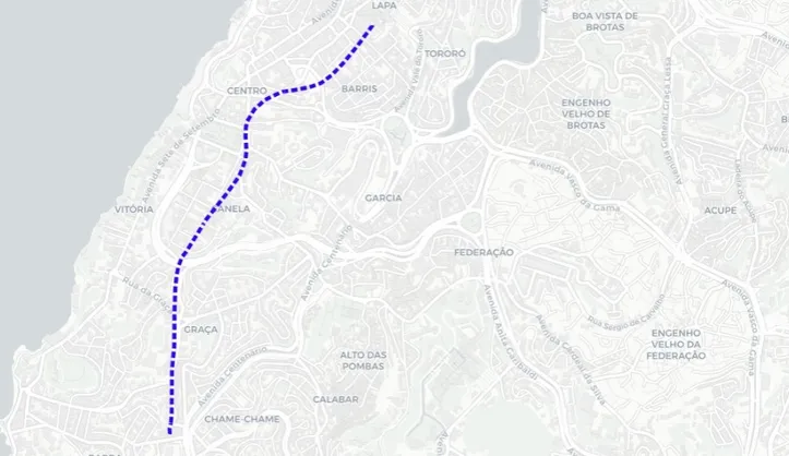 Trecho entre Lapa x Barra, com estação ficando no Atacadão