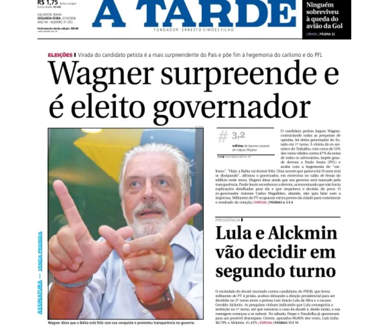 Capa de A TARDE repercute vitória surpreendente de Wagner