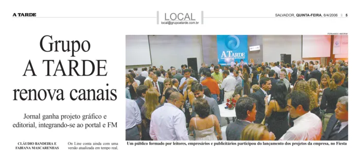 Capa do jornal impresso do A Tarde no dia 6 de abril de 2006