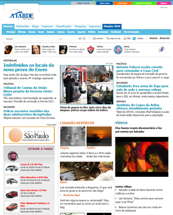 Capa do portal A Tarde em 2010