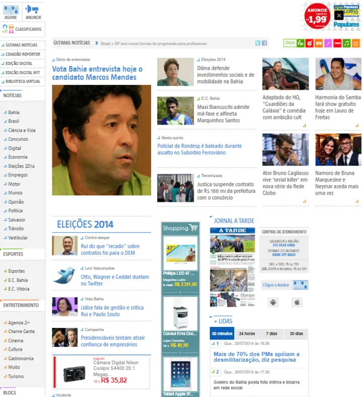 Capa do portal A Tarde em 2014