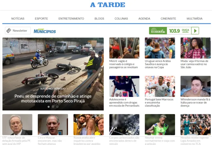 Capa do portal A Tarde em 2018