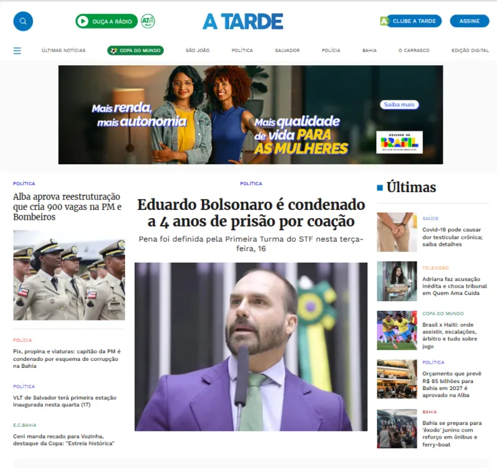 Capa do portal A Tarde em 2026