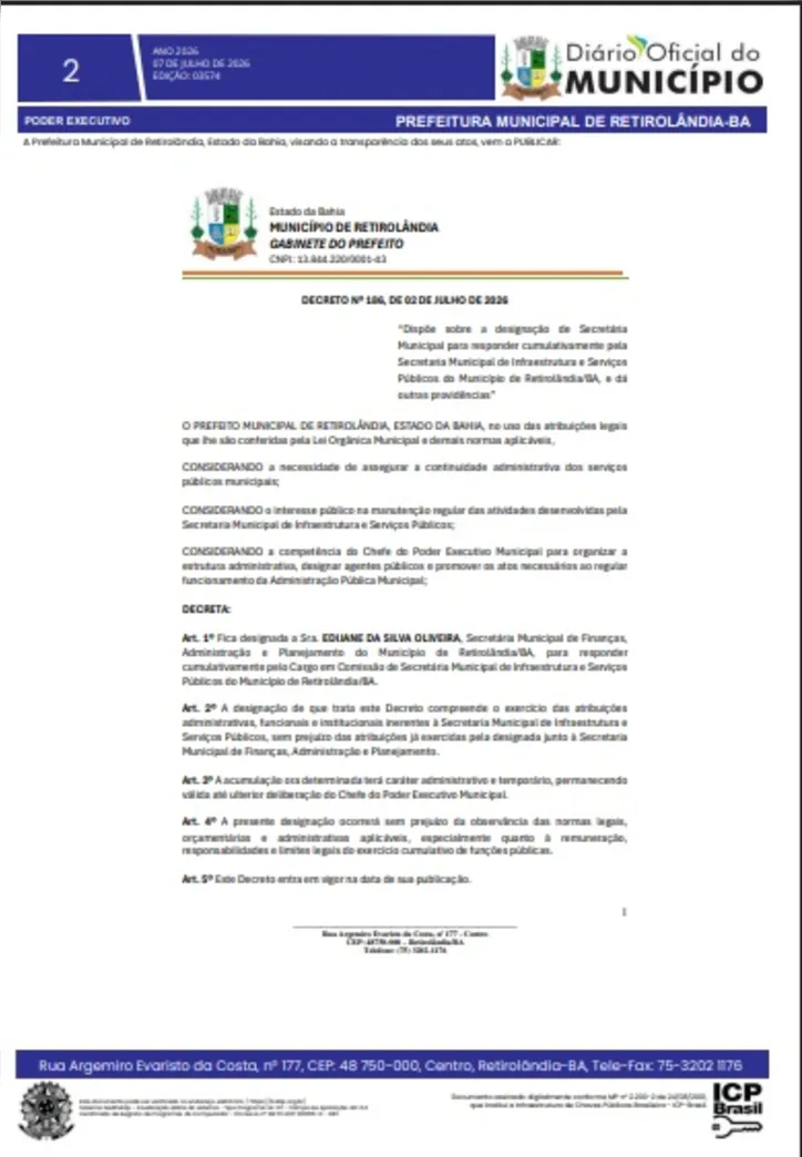 Nomeação de Edijane ao cargo de secretária nas pastas de Infraestrutura e Serviços Públicos