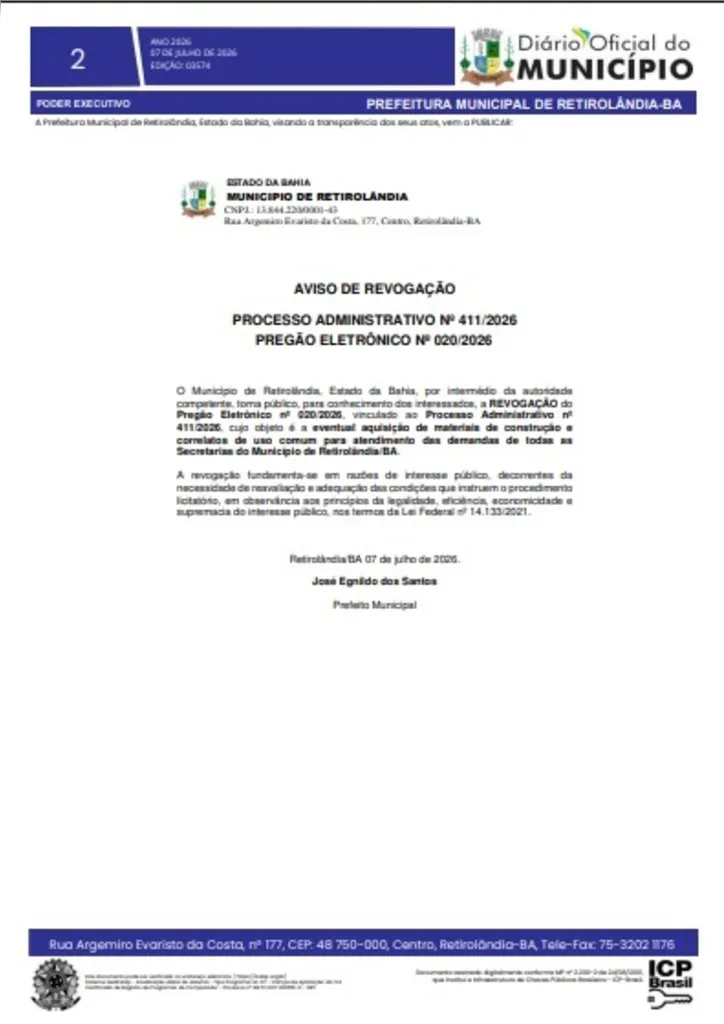 Imagem ilustrativa da imagem Prefeitura de Retirolândia revoga licitação após denúncia de irregularidade
