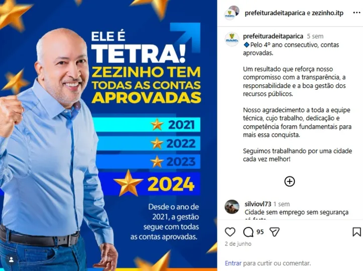 Postagem de Zezinho em collab com a Prefeitura de Itaparica.