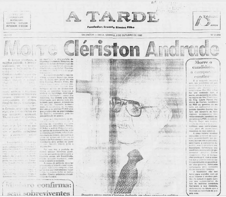 Manchete com a morte de Clériston Andrade