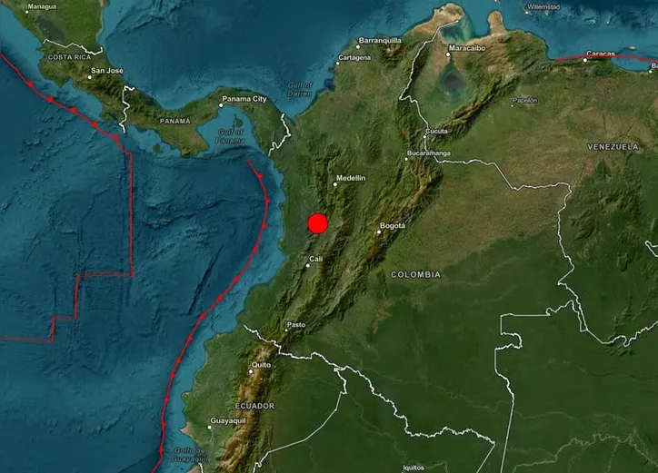 Mapa mostra terremoto de magnitude 7,4 que atingiu o oeste da Colômbia em 10 de agosto de 2026