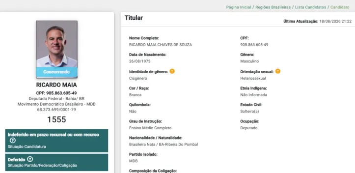 Perfil de Ricardo Maia na plataforma DivulgaCand, do TSE