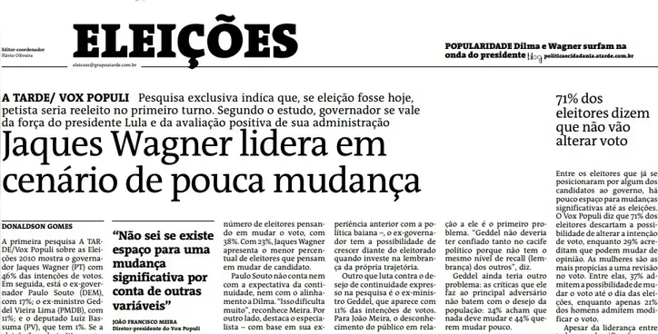 Páginas de A Tarde apontavam favoritismo de Wagner